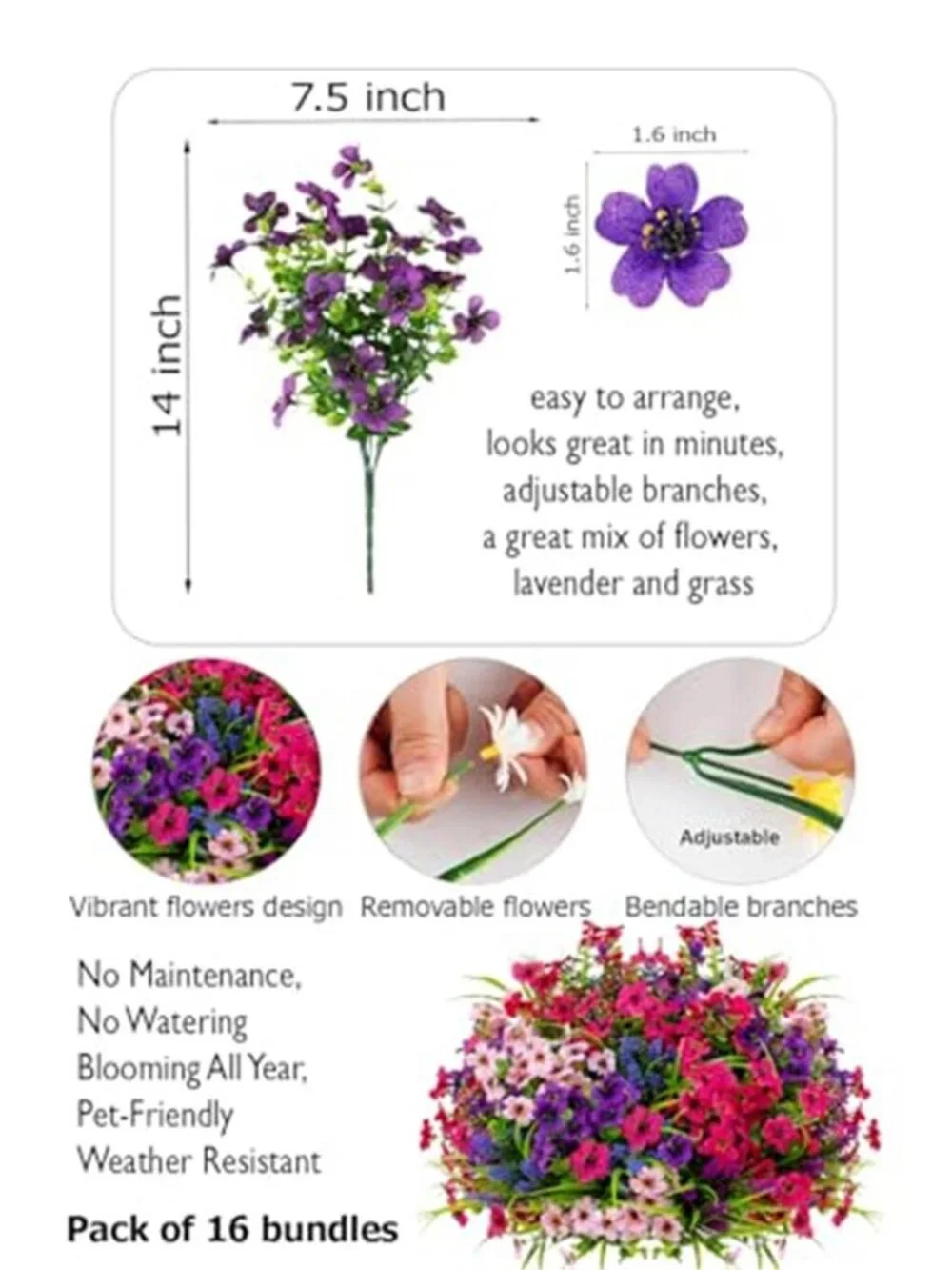 Artificial Outdoor Flowers UV Resistant Faux Plants Porch Garden Decor 16PCS